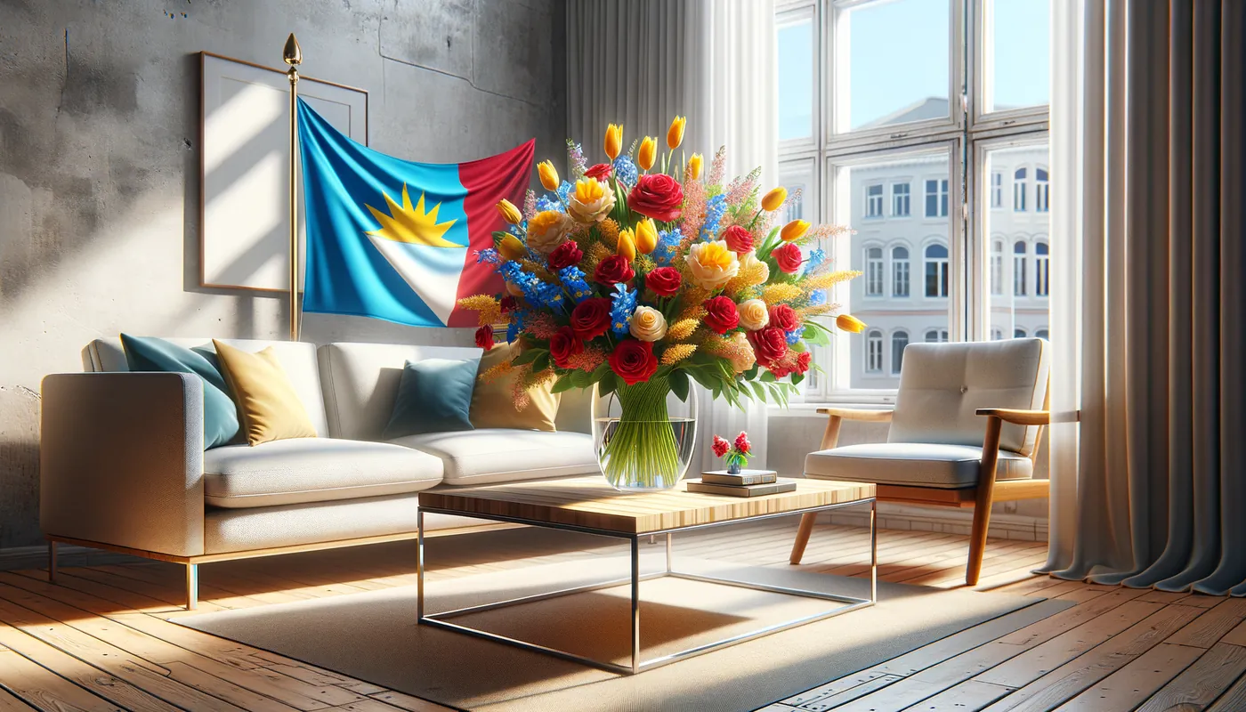 Skicka blommor till Antigua och Barbuda - blombukett inspirerad av Antigua och Barbudas flaggfärger