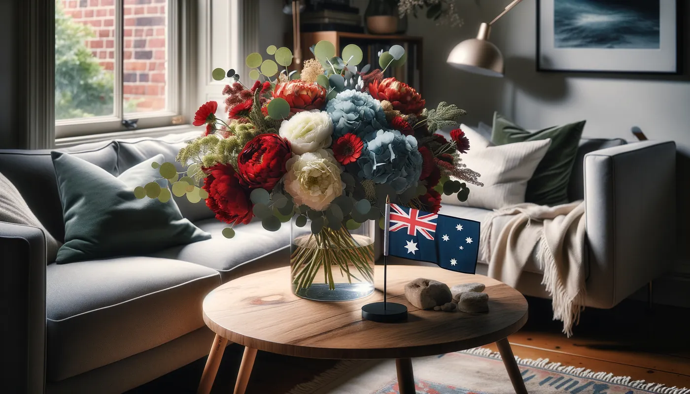 Skicka blommor till Australien - blombukett inspirerad av Australiens flaggfärger