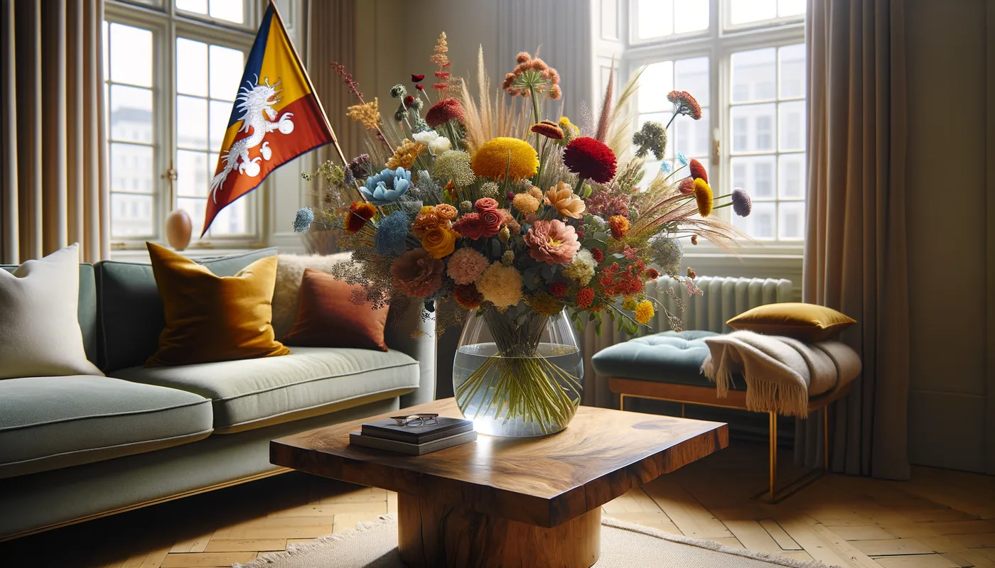 Skicka blommor till Bhutan - blombukett inspirerad av Bhutans flaggfärger
