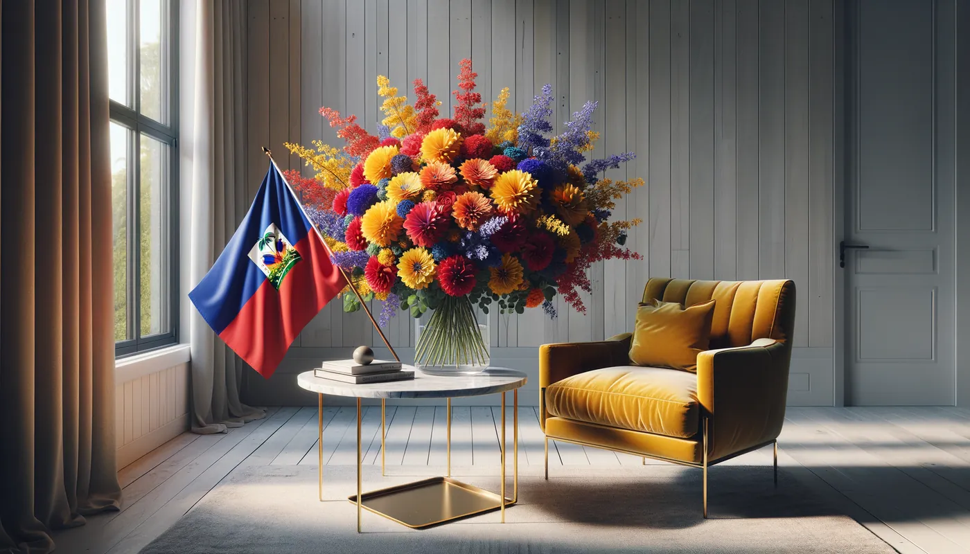 Skicka blommor till Haiti - blombukett inspirerad av Haitis flaggfärger