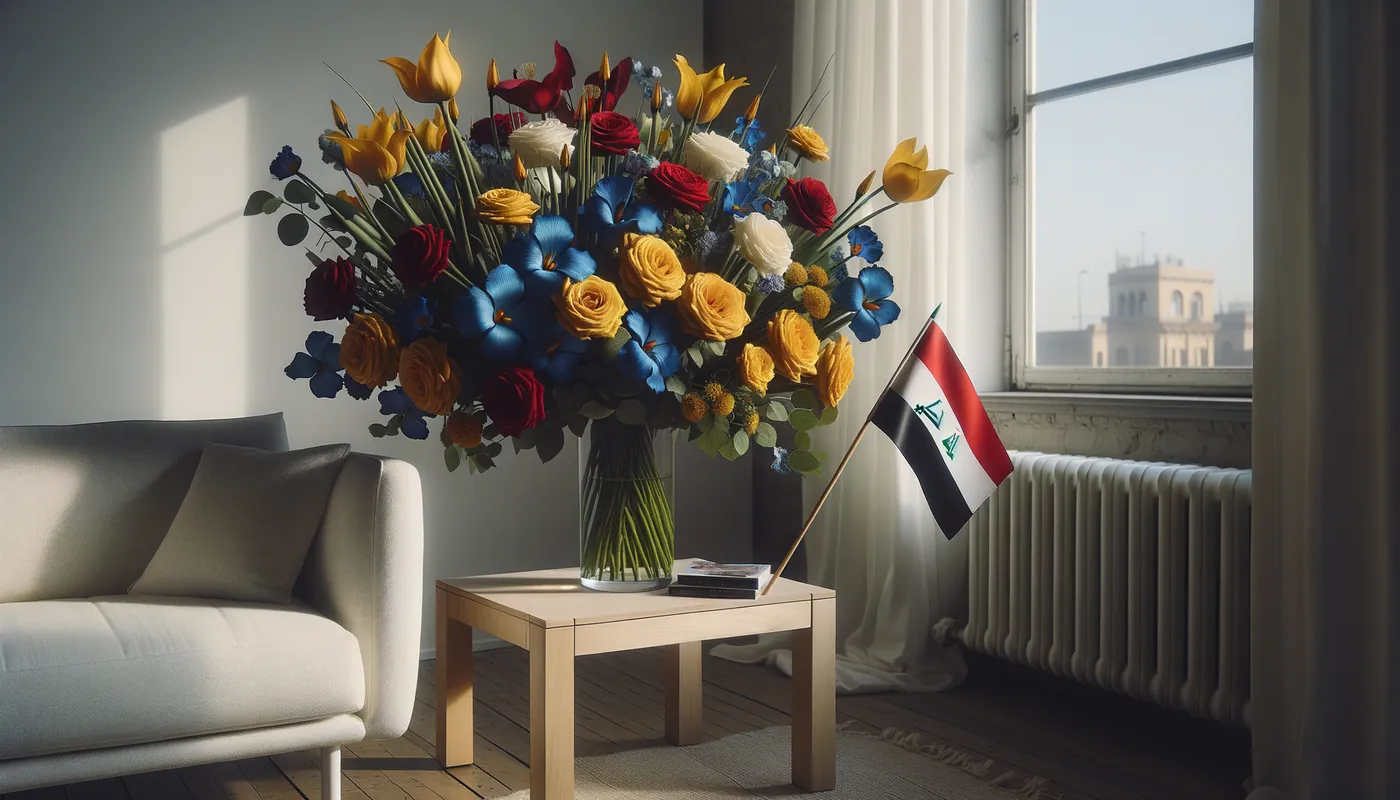 Skicka blommor till Irak - blombukett inspirerad av Iraks flaggfärger