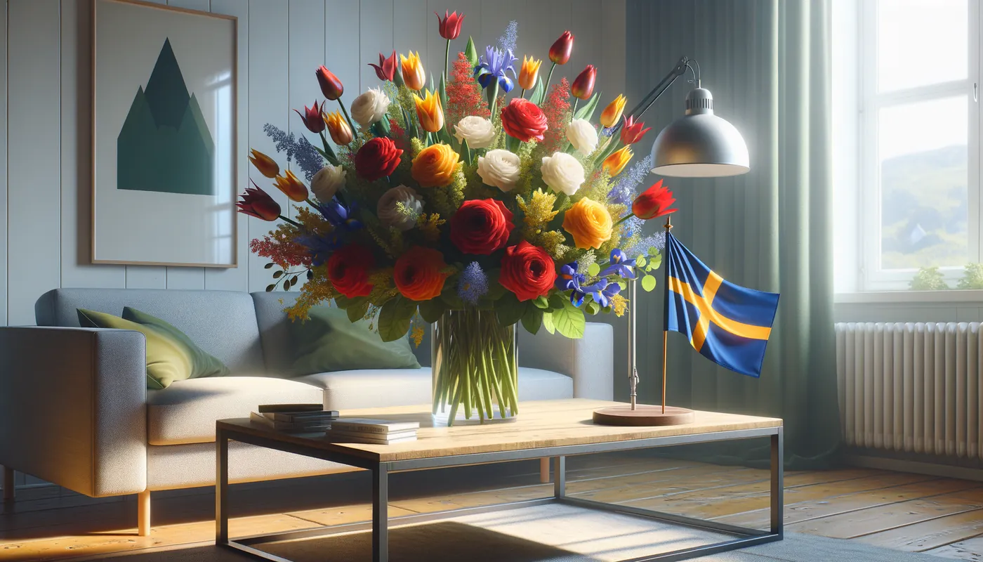 Skicka blommor till Island - blombukett inspirerad av Islands flaggfärger