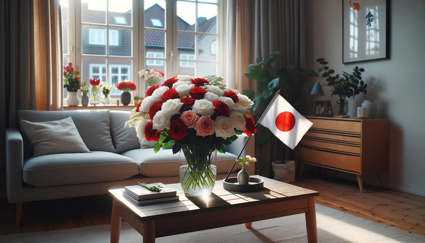 Skicka blommor till Japan - blombukett inspirerad av Japans flaggfärger