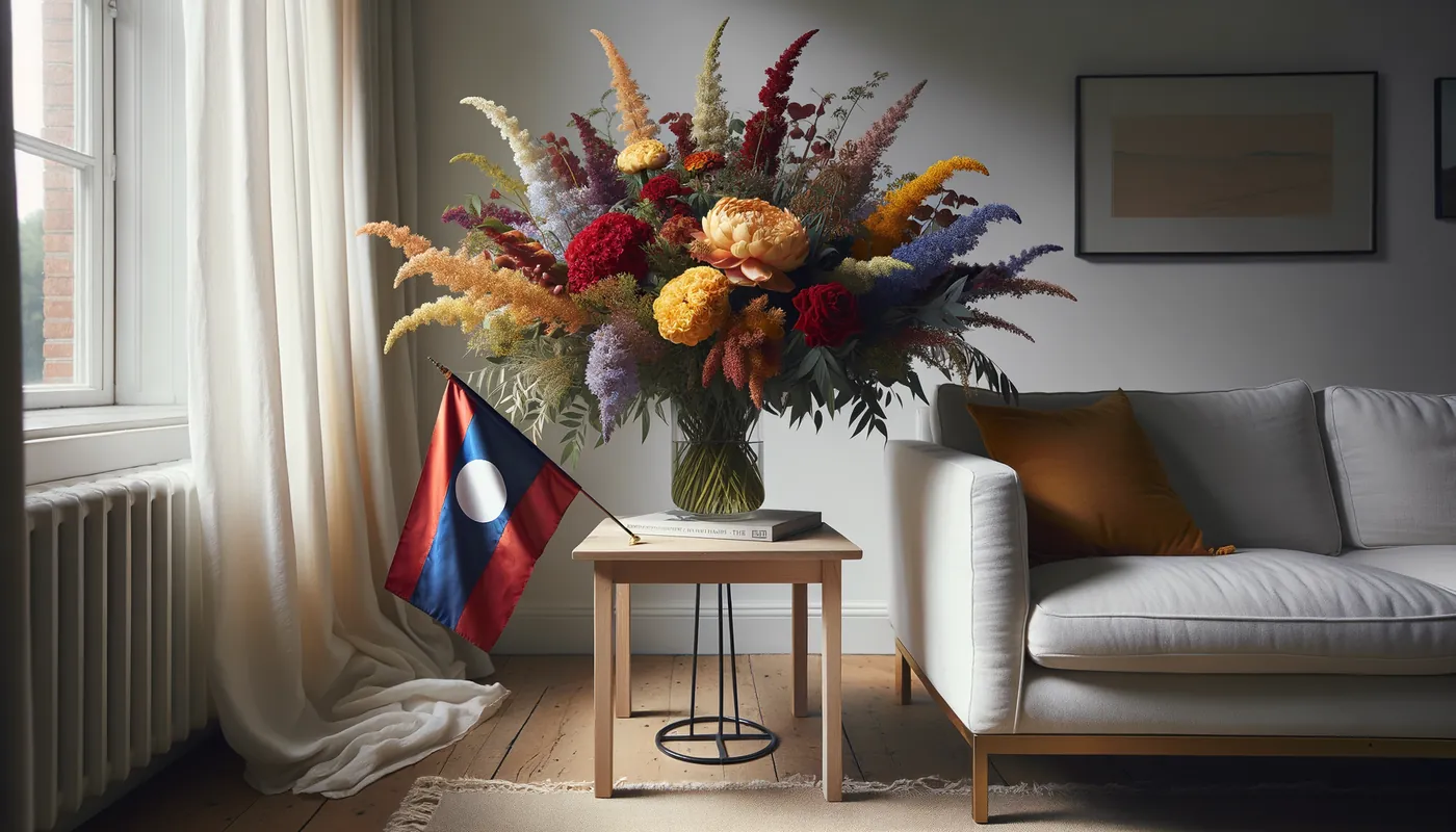 Skicka blommor till Laos - blombukett inspirerad av Laoss flaggfärger