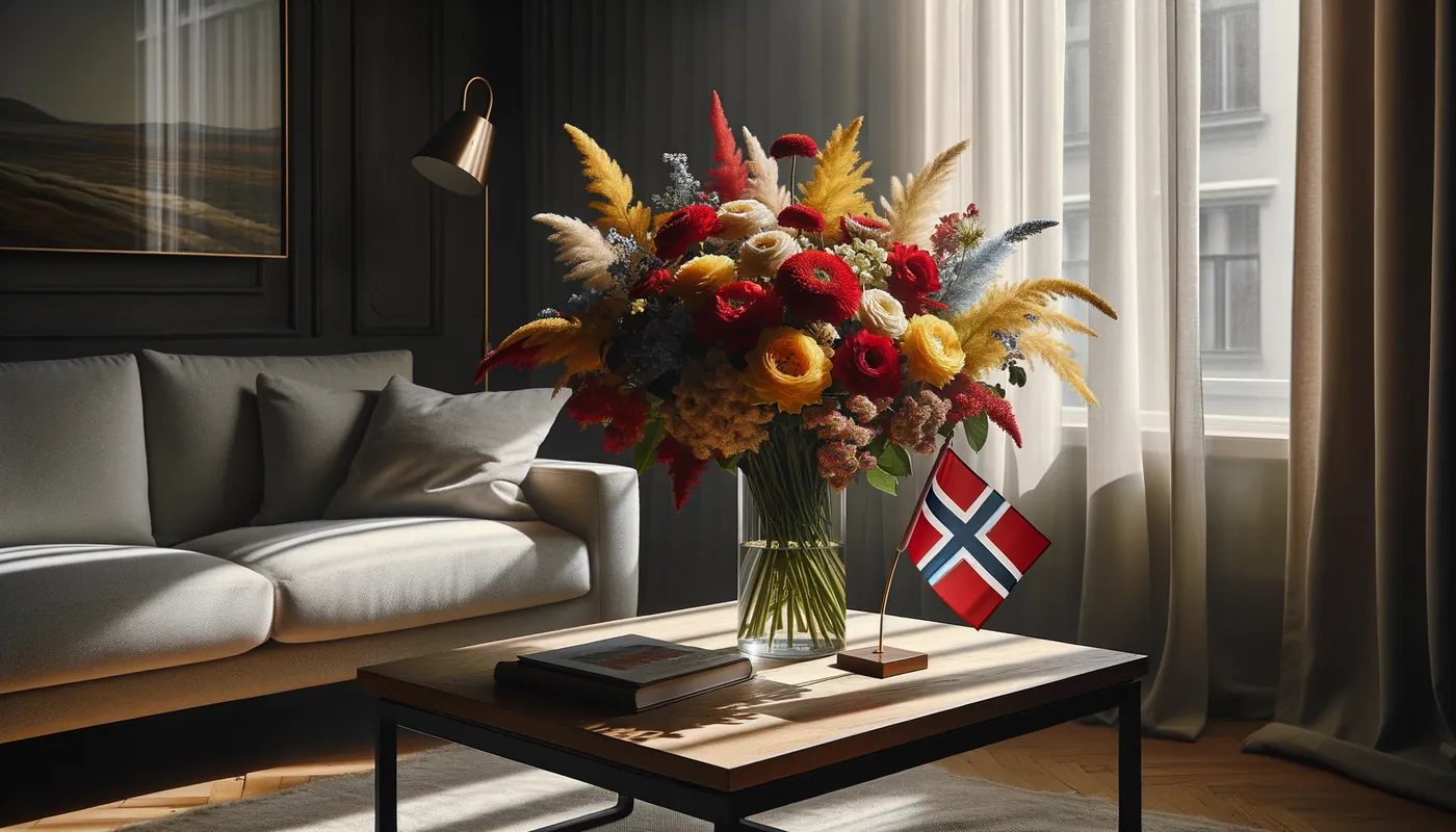 Skicka blommor till Norge - blombukett inspirerad av Norges flaggfärger