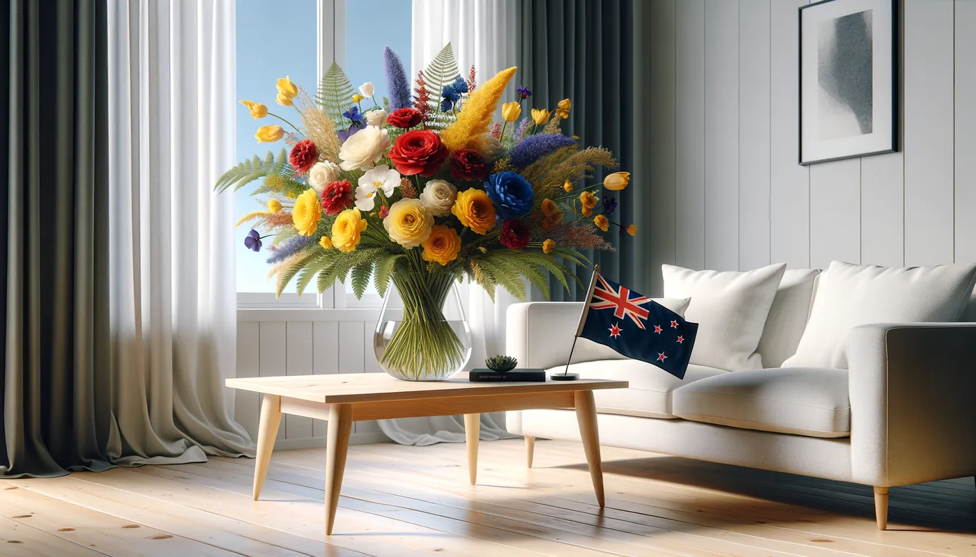 Skicka blommor till Nya Zeeland - blombukett inspirerad av Nya Zeelands flaggfärger