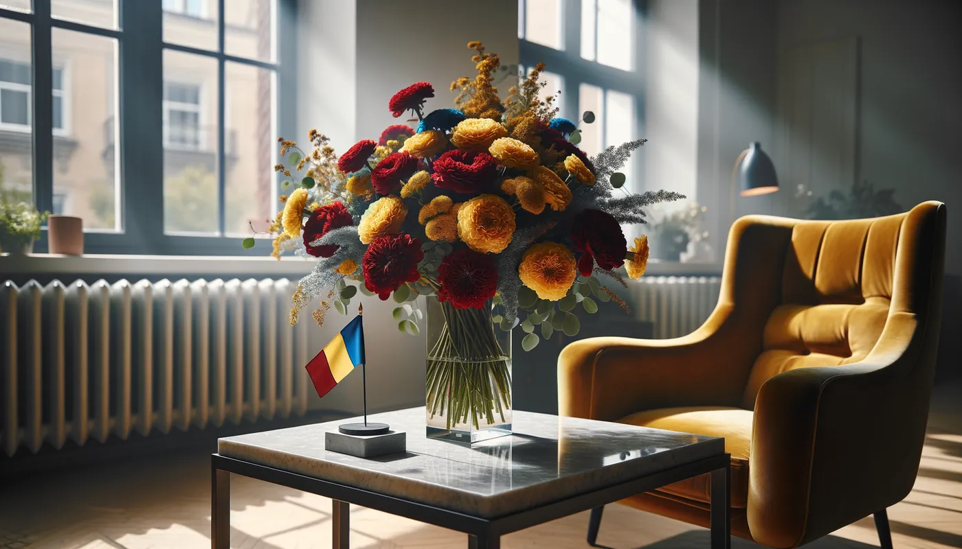 Skicka blommor till Rumänien - blombukett inspirerad av Rumäniens flaggfärger