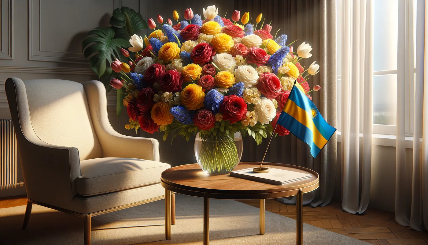 Skicka blommor till Rwanda - blombukett inspirerad av Rwandas flaggfärger
