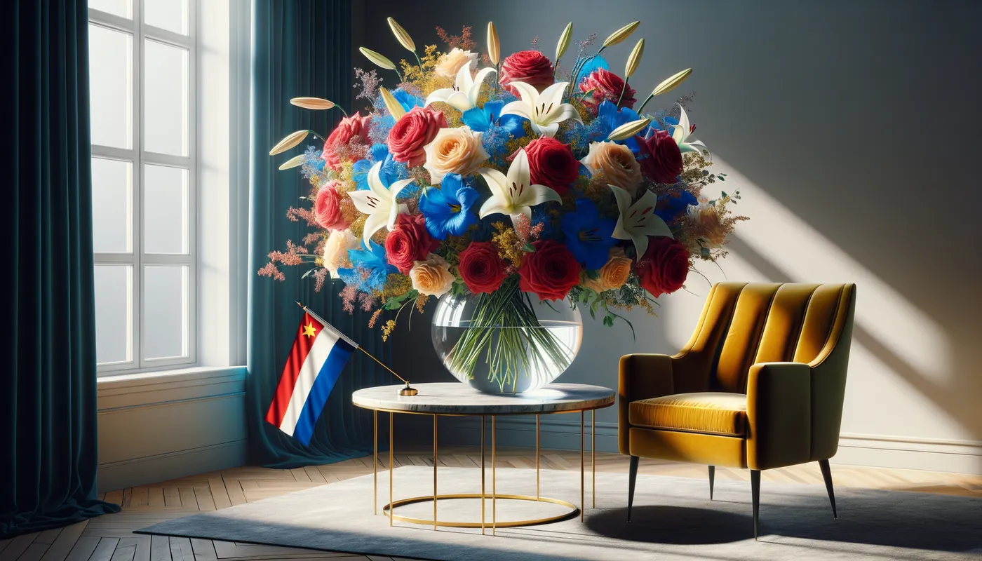 Skicka blommor till Sint Maarten - blombukett inspirerad av Sint Maartens flaggfärger