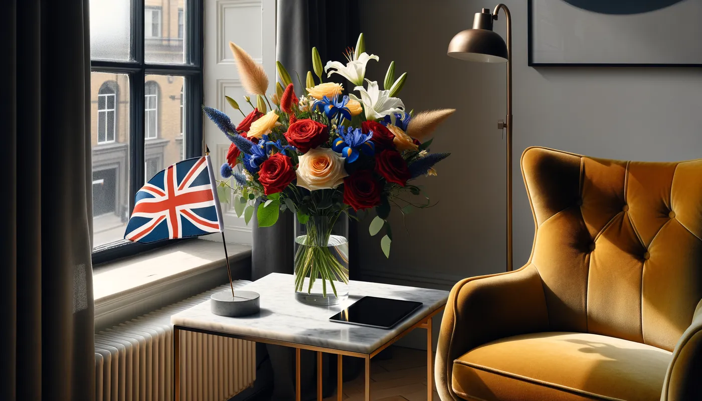 Skicka blommor till Storbritannien - blombukett inspirerad av Storbritanniens flaggfärger