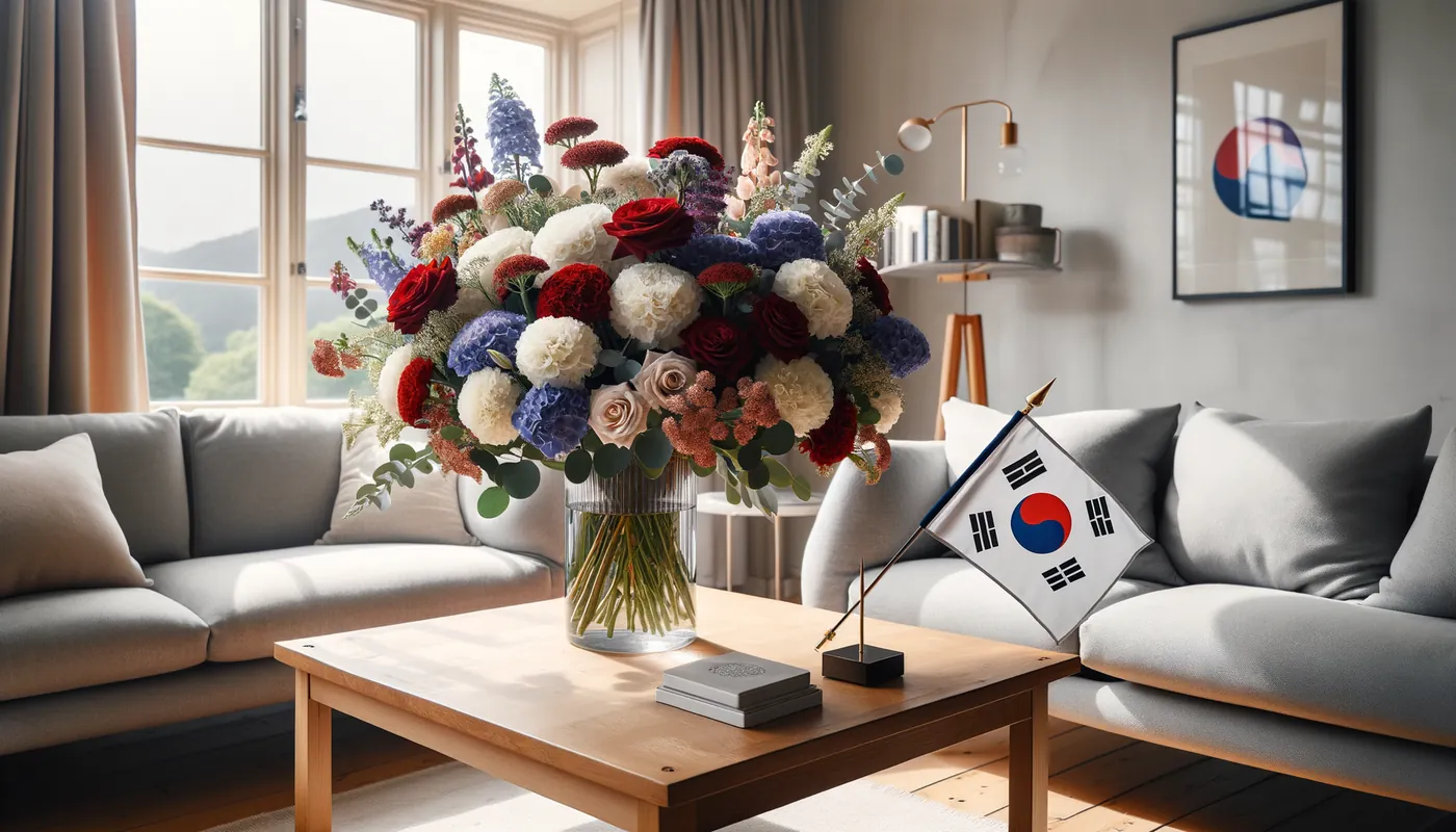 Skicka blommor till Sydkorea - blombukett inspirerad av Sydkoreas flaggfärger