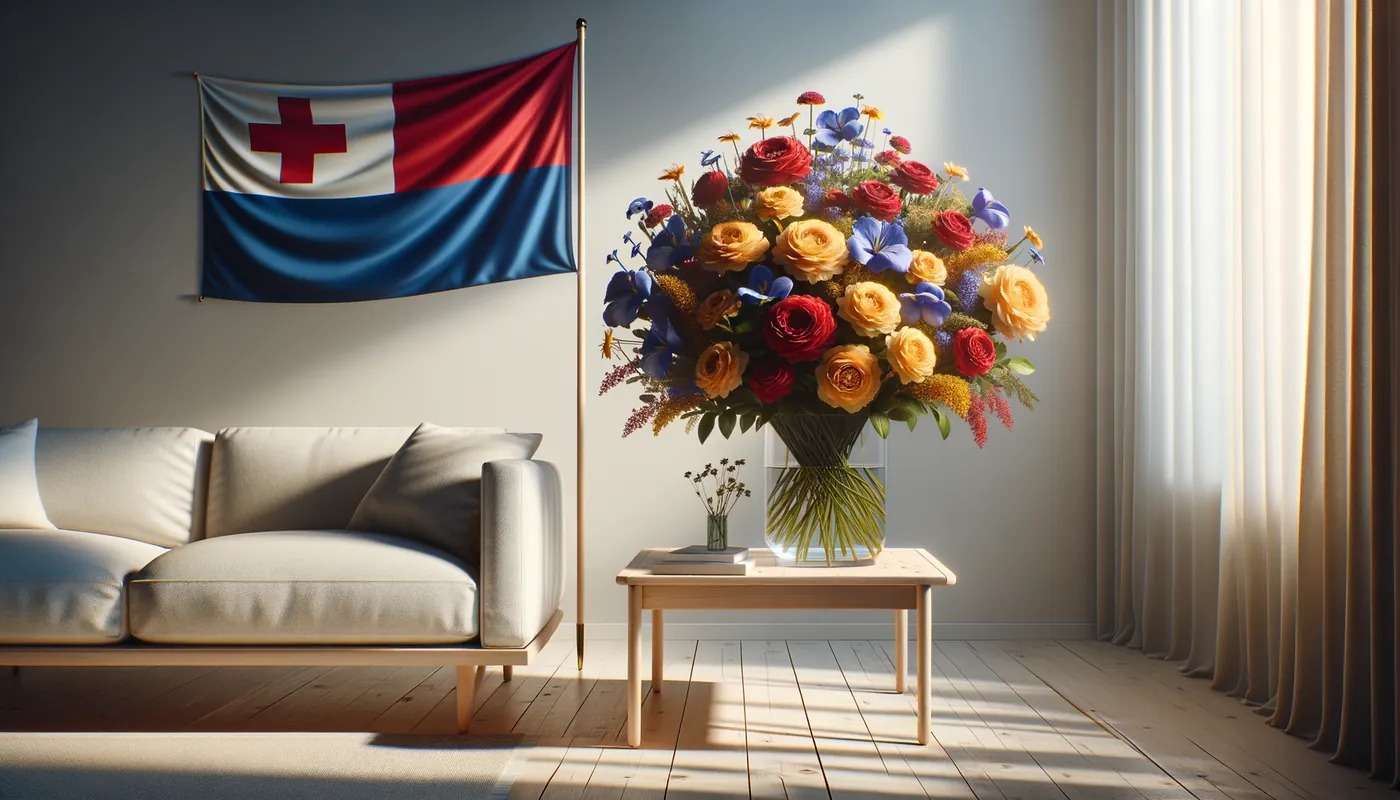 Skicka blommor till Tonga - blombukett inspirerad av Tongas flaggfärger