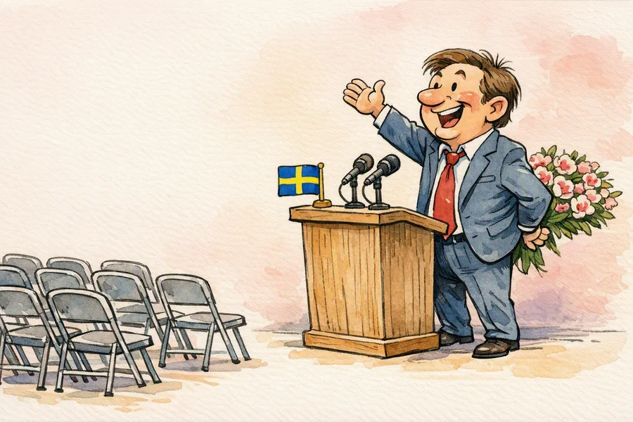 Tecknad politiker som håller tal till tomma stolar, med en svensk bordsflagga på talarstolen och en blombukett gömd bakom ryggen