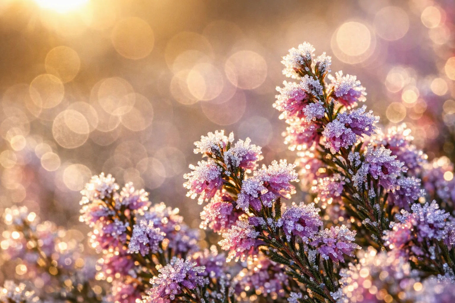 Krysantemum täckt av frost i morgonljus, frosttålig blomma