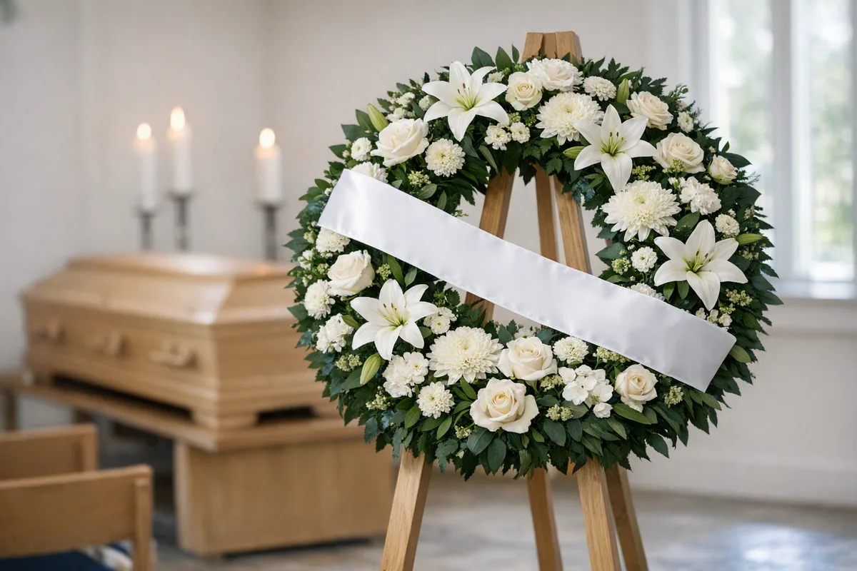 Begravningskrans med vita liljor och rosor på ställ med vitt sidenband